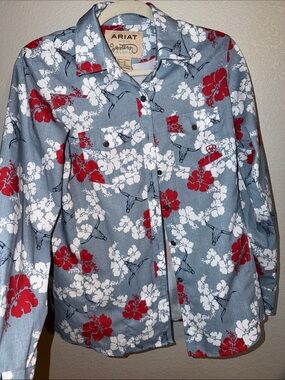 Ariat Blue Floral Western Shirt Jacket with Red & White Print